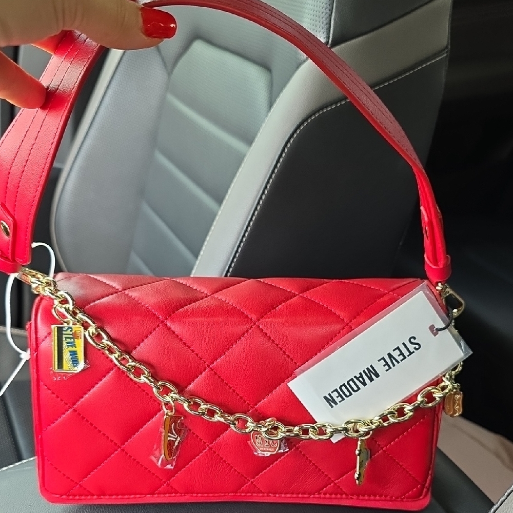 Steve Madden Red Quilted Shoulder Bag with Gold Chain